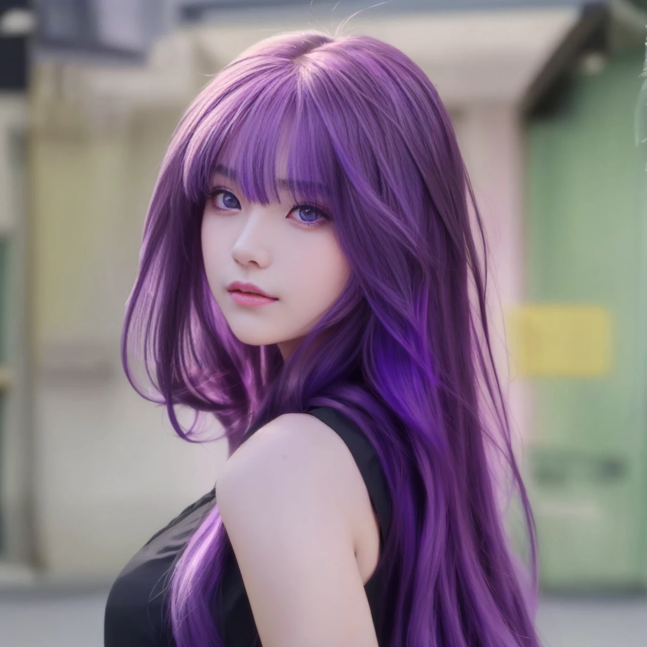 1girl with long hair and black dress standing in front of a door, anime girl wearing a black crop top, (Light purple hair), (Long hair), fair skin, purple eyes, pretty face, big breasts, cute face see-through bangs, (((Perfect))), Thin face, near future, Small face