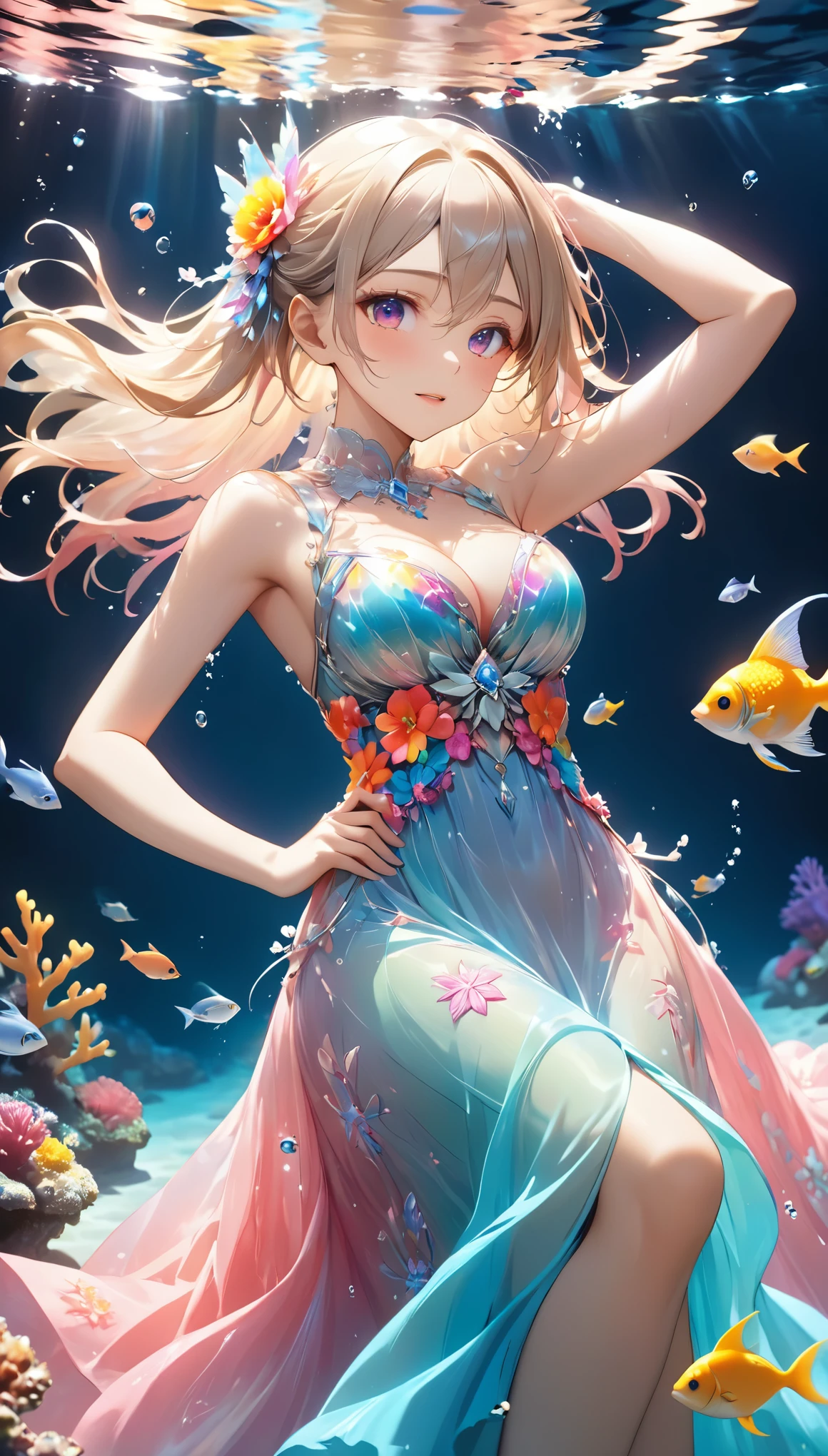 Highest quality, Highest quality, 16K, Unbelievably absurd, Very detailed, 2.5D, delicate and dynamic, under water, In the water, Lying in the sea, Brightly colored coral reef, A tiny faint light and a colorful little fish, ,, Very delicate facial expressions, Delicate eye depiction, Upper body close-up,, erotic, dynamic sexy poses, Only sexy women, Healthy body shape, 22-year-old woman, Aristocratic women, Height: 170cm, Large, firm, swaying bust, Colorful floral ornaments, Crystal translucent dress, Wrap your whole body in a semi-transparent cloth, A long dress with a complex structure, Colorful long dress, In the waterに漂うドレス