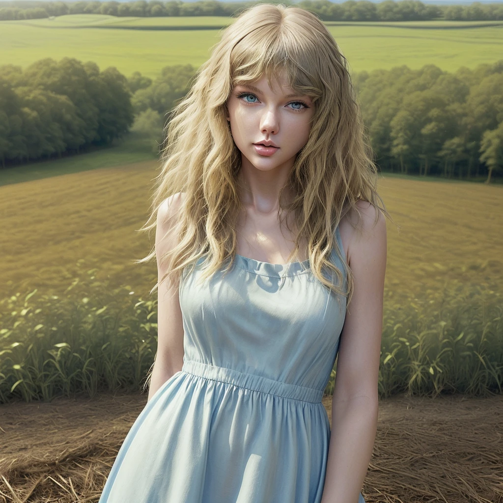 Take the cover of Taylor Swift's album, "Taylor Swift (Taylor's Version)," her with long curly blonde hair, blue eyes, She's on a farm looking around.