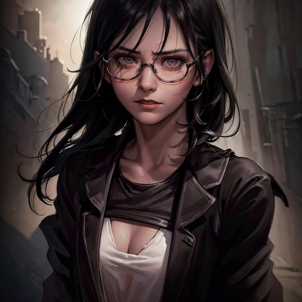 a highly detailed portrait of a young man with round glasses, black hair, bleeding and going insane, (best quality, 8k, highres, masterpiece:1.2), ultra-detailed, (realistic, photorealistic, photo-realistic:1.37), HDR, extremely detailed eyes and face, beautiful detailed lips, long eyelashes, realistic skin texture, intricate facial features, detailed facial expression, blood dripping, crazed look, sharp focus, dramatic lighting, cinematic atmosphere, dark moody colors, deep shadows, dramatic chiaroscuro