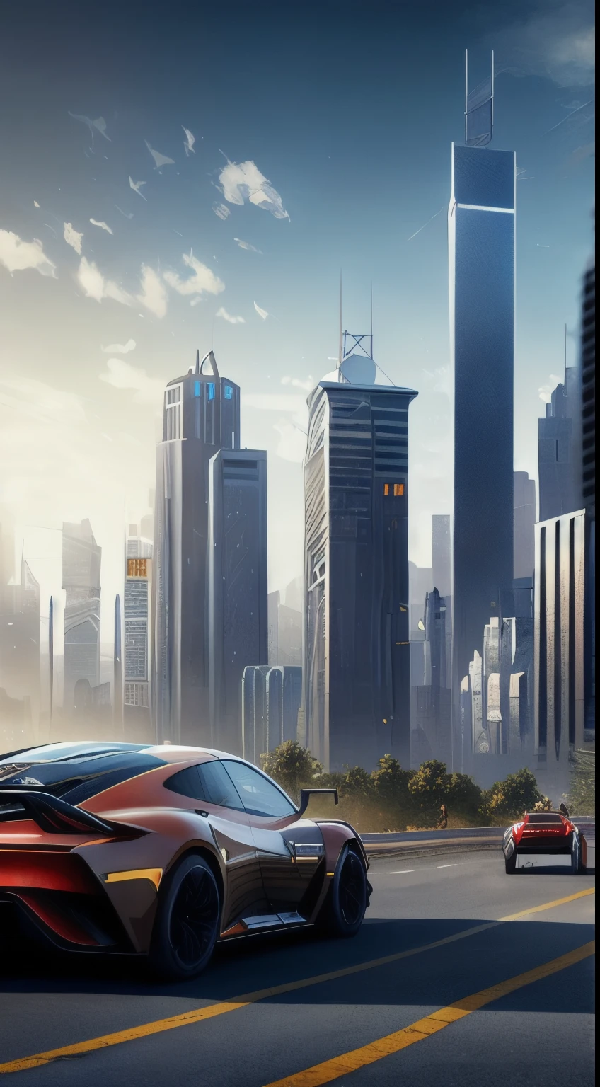 style: Concept Art. scene: With towering skyscrapers、A futuristic cityscape with sleek, aerodynamic vehicles hurtling through the sky. High resolution OLED GUI interface in buildings'In the window、It's full of transparent data visualization infographics showing everything from weather patterns to traffic flow.。. The colors are vibrant and vivid, Warm pinks and purples dominate the skyline. The overall effect is beautiful、It is awe-inspiring.