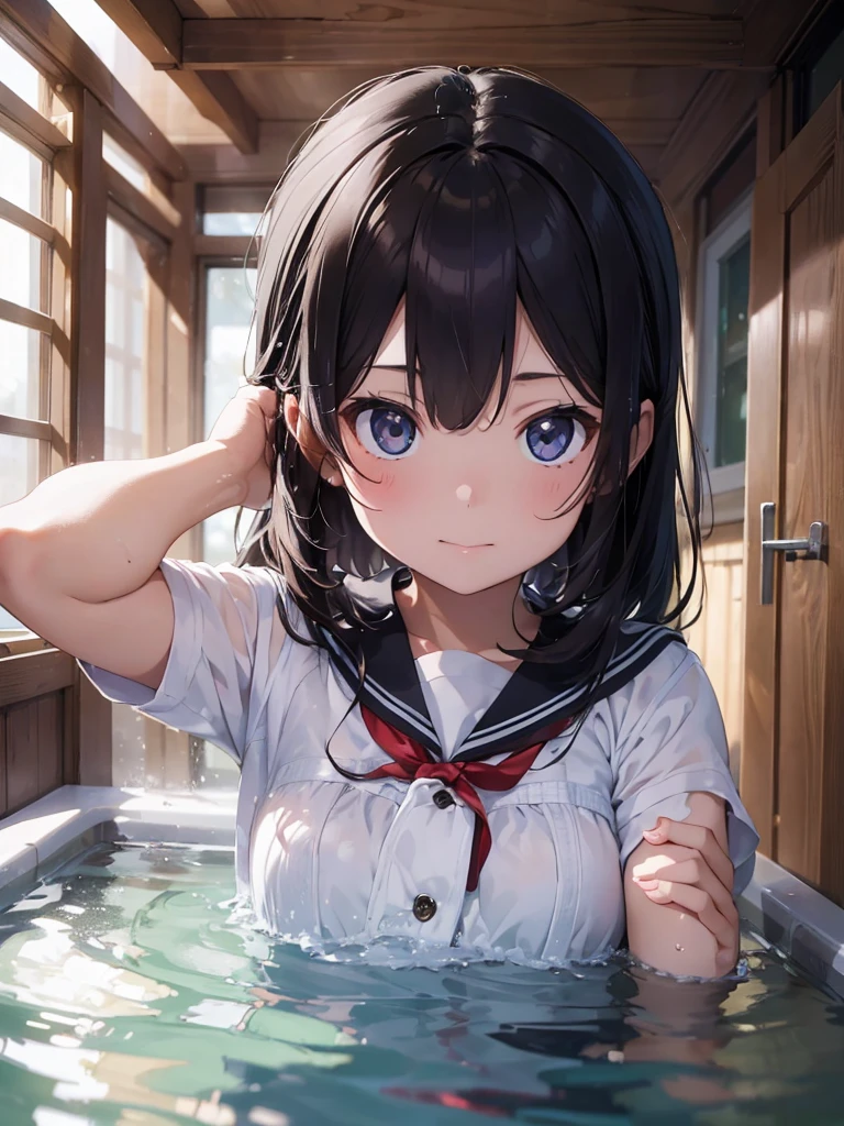 ((Highest quality)), ((masterpiece)), (detailed),Perfect Face,Strong light from the front,With front light,Elementary school student taking a bath,