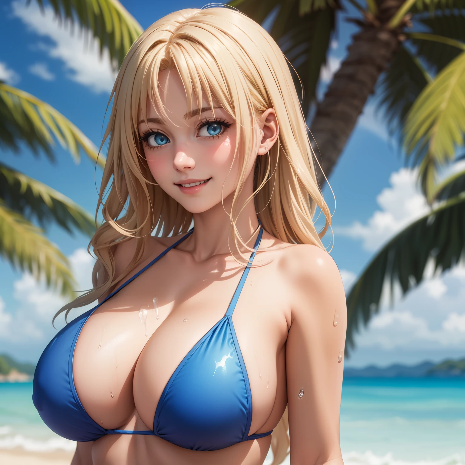 woman - 25 years old mature face, bright blonde hair, detailed blue eyes, clear skin, big breasts, blue bikini, background a tropical beach. happy smile. drops of water on his chest, WET BODY.