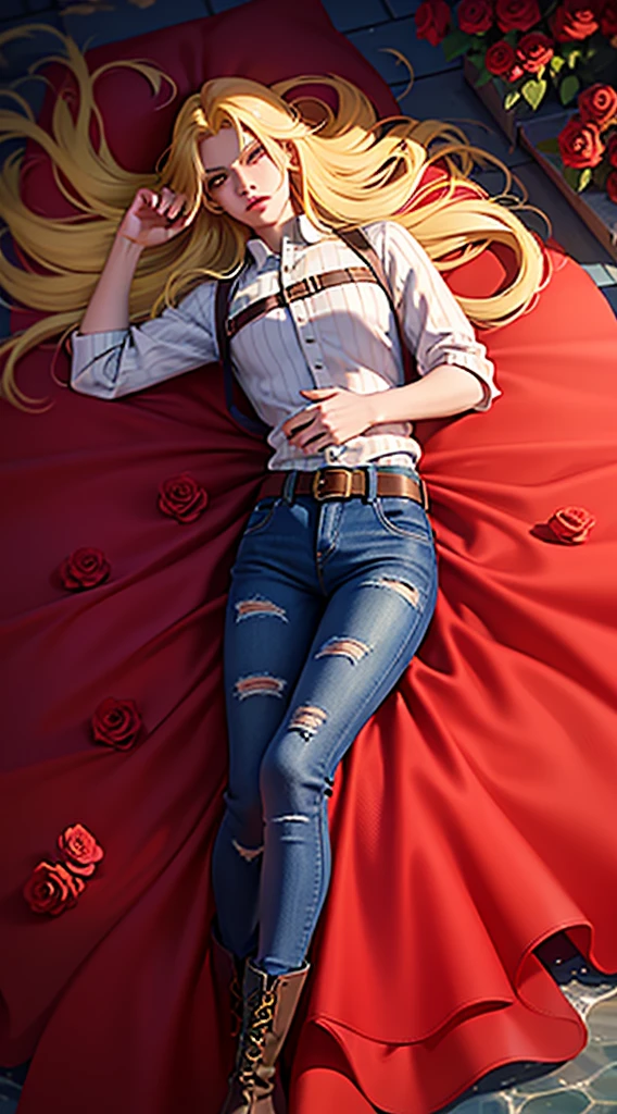 Boy dying, with blood, Long yellow hair, yellow eyes, self-injury skin, loose blouse, striped blouse, denim shorts, buckled boots, Red boots, Bermuda blue jeans, Dead, lying on top of the water surrounded by roses, From top to bottom, panoramic view