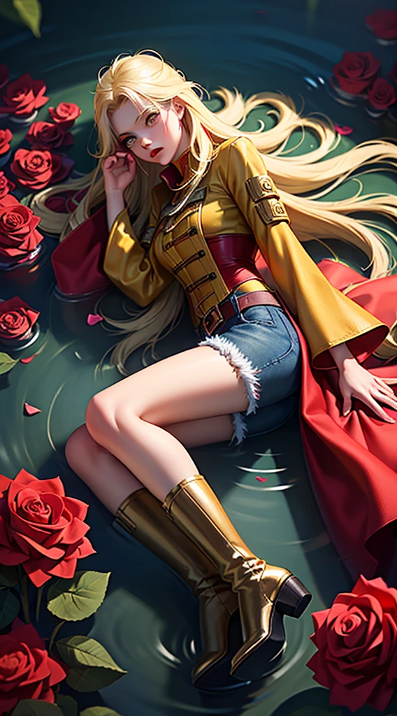 Boy dying, with blood, Long yellow hair, yellow eyes, self-injury skin, loose blouse, striped blouse, denim shorts, buckled boots, Red boots, Bermuda blue jeans, Dead, lying on top of the water surrounded by roses, From top to bottom, panoramic view