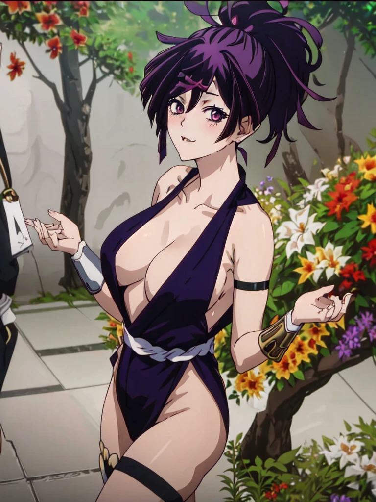 show off nipples,masterpiece, yuzuriha, 1girl, solo, looking at viewer, large breasts, hair ornament, cleavage, bare shoulders, collarbone, ponytail, purple hair, flower, anime coloring, short hair, eyes, blush, sexy dress, dancing, laugh, 5 fingers