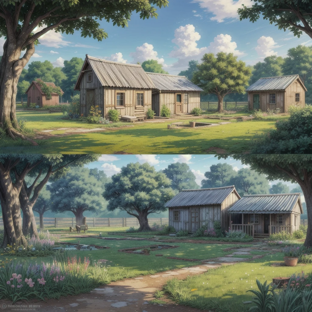 Draw an anime simple art scene of a farmer's hut in field with cracked walls and faded paint, pond nearby, earthern pots outside, colorful clothes drying outside, evening, single streetbulb, cloudy sky, trqactor parked outside, banyan tree, no human, vibrant color tones, dim light, masterpiece