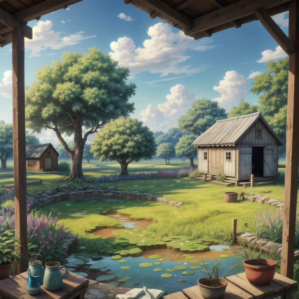 Draw an anime simple art scene of a farmer's hut in field with cracked walls and faded paint, pond nearby, earthern pots outside, colorful clothes drying outside, evening, single streetbulb, cloudy sky, trqactor parked outside, banyan tree, no human, vibrant color tones, dim light, masterpiece