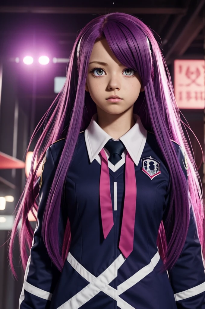 Screenshot of my hero academia as similar as possible Girl with long pink hair with purple bangs, dark red slanted boy eyes with a serious look, UA uniform with a class UA background 