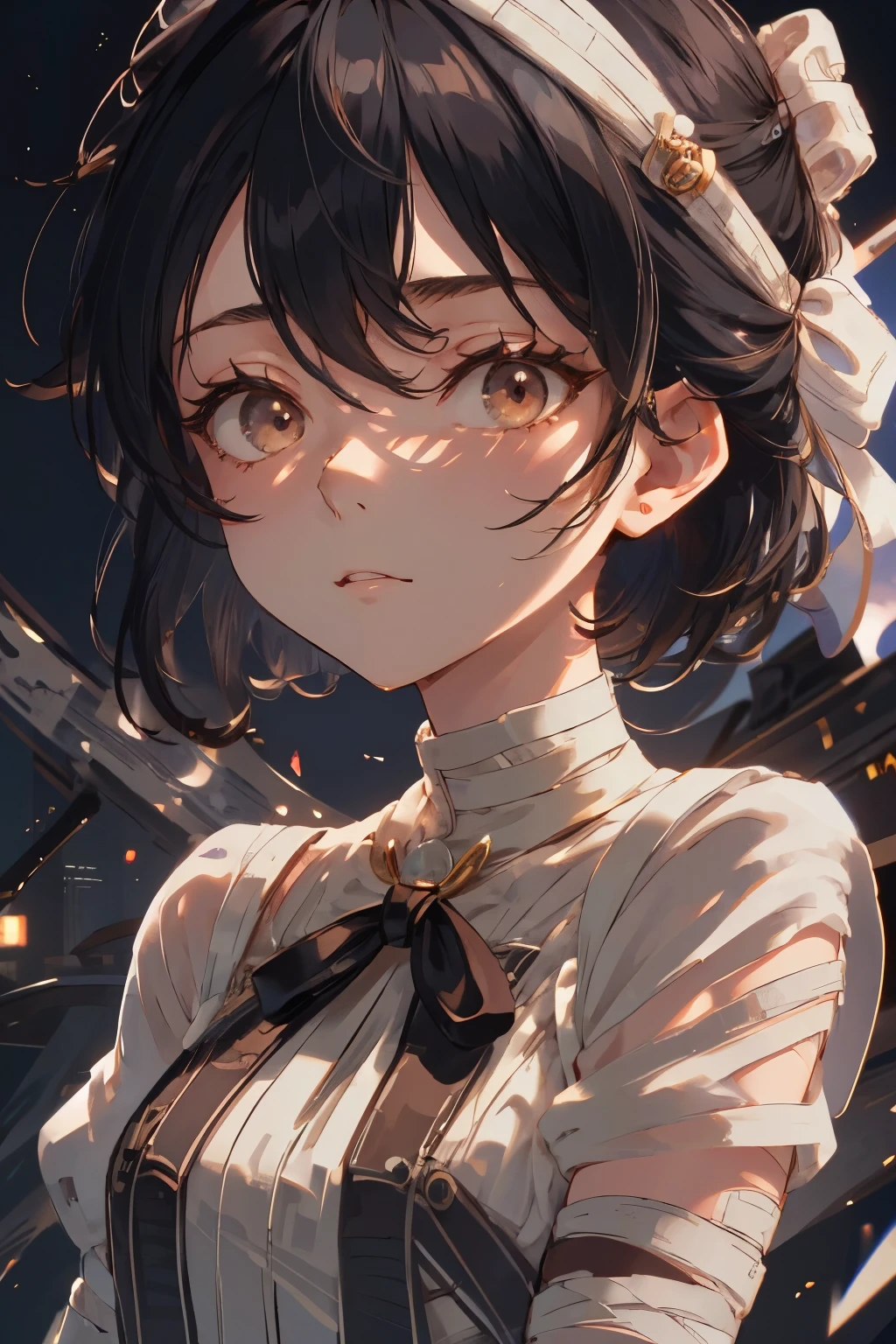 detailed face, cute face, ((masterpiece, Highest quality)), (One girl), (alone), (Focus on women), night (Chainsaw Man),(Highly detailed face, The real picture, Realistic white skin, Realistic body, Intricate details), Upper Body, Severe , Brown eyes, Looking at the audience, bandage over the body, Black Hair, Long sleeve shirt, Pinafore dress, Black tie, bandage, bandage, Small breasts
