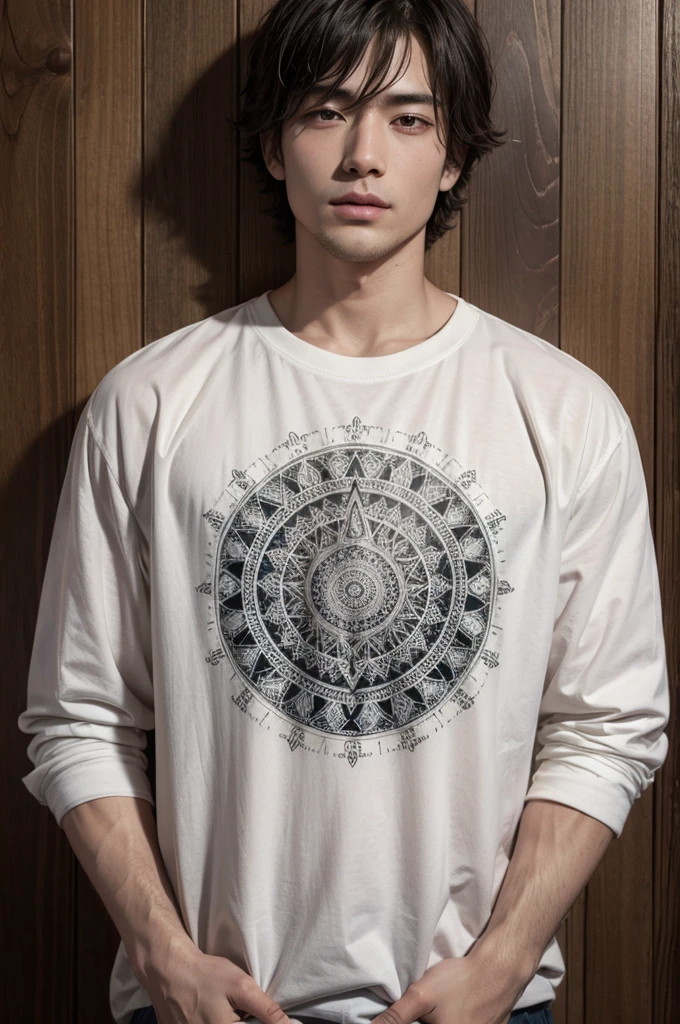 sacred mandala drawn on man model shirt