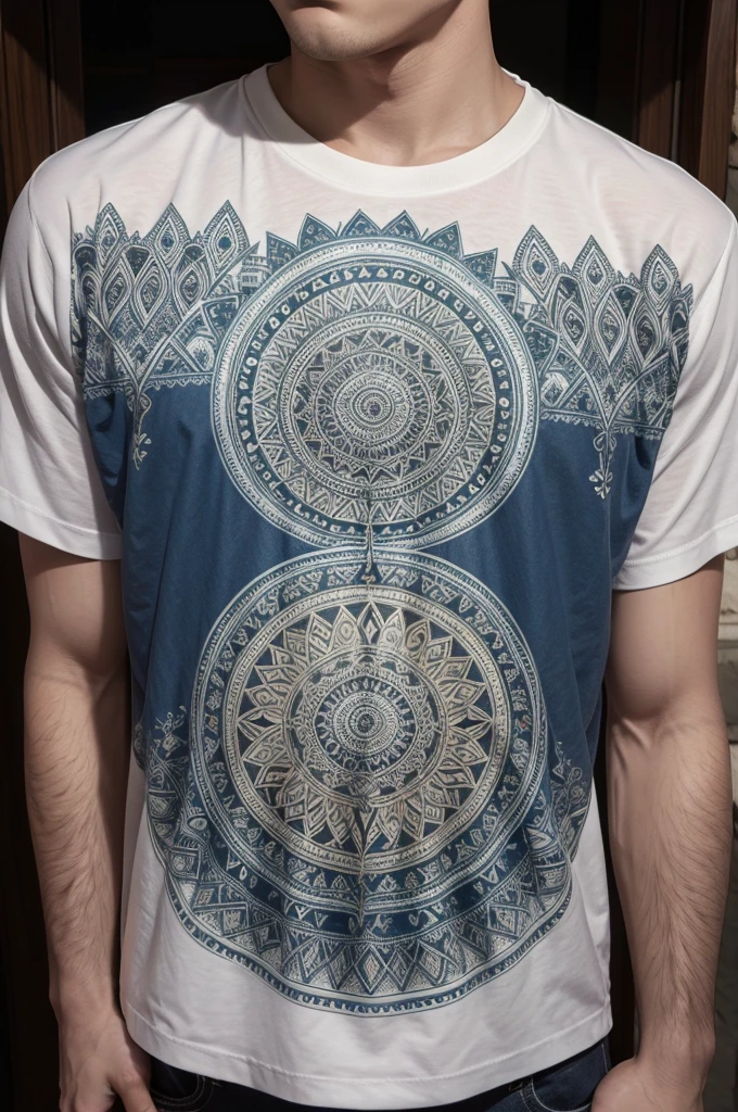 sacred mandala drawn on man model shirt