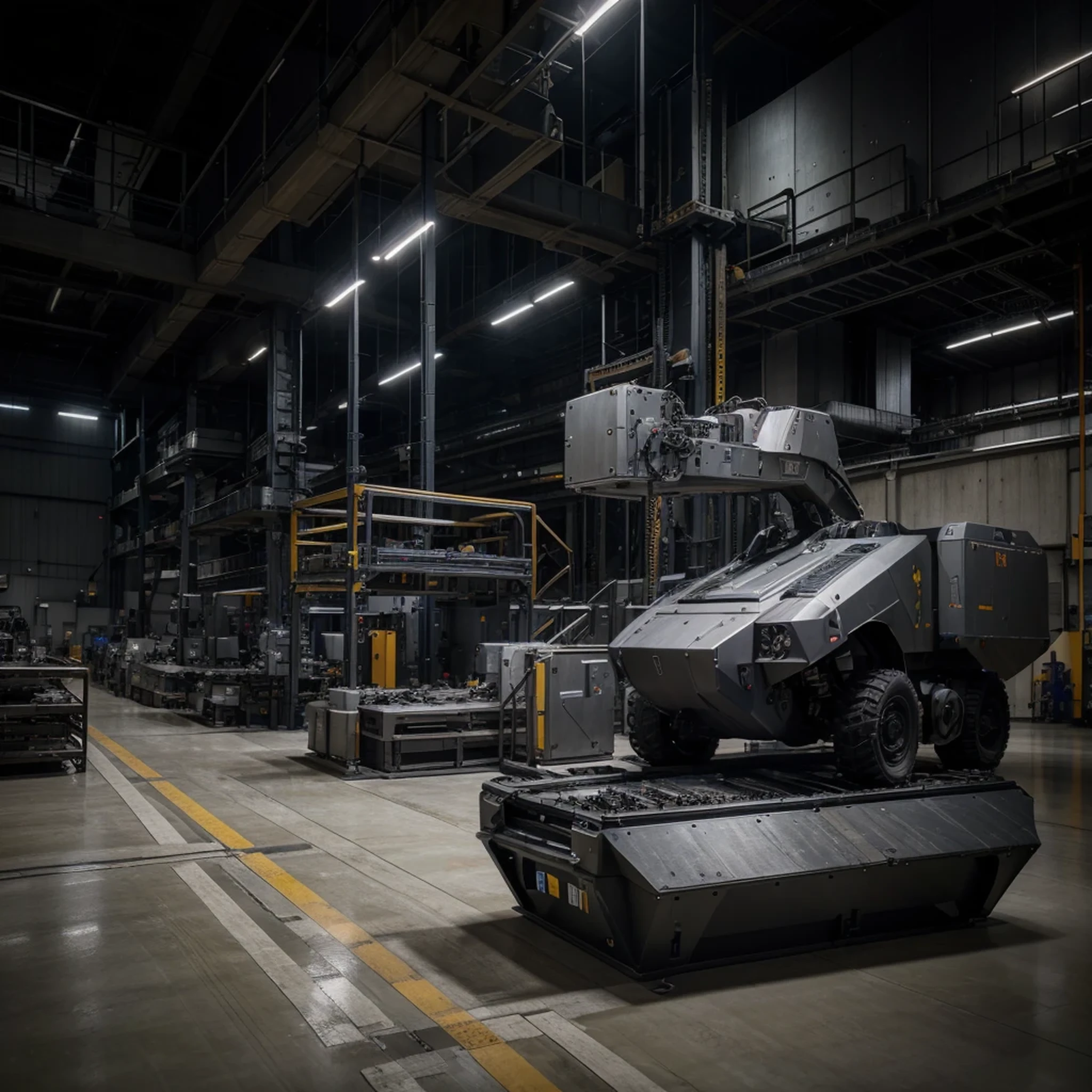 interior of an ultra advanced factory of automated and robotic military machinery, automated assembly line of military machinery, military vehicles half assembled by robotic arms, many tubes, computers and servers, robotic machinery, metal floor, bluish tones, well lit, 4k , Ultra detailed image, realistic, Highly detailed, perfect composition, gorgeous, Intricately detailed, incredibly detailed, Art photography 8K, hyper detailed, Masterpiece, Ultra detailed, hyper realistic, 4k, Ultra detailed image, realistic, Highly detailed, perfect composition, beautiful, intricately detailed, incredibly detailed, art photography 8k, hyper detailed, masterpiece