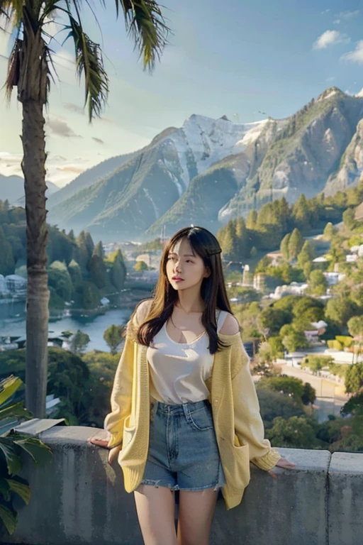 A young Asian woman with long dark hair wearing a yellow cardigan, medium breast,standing on park overlooking a scenic landscape with mountains and palm trees in the background