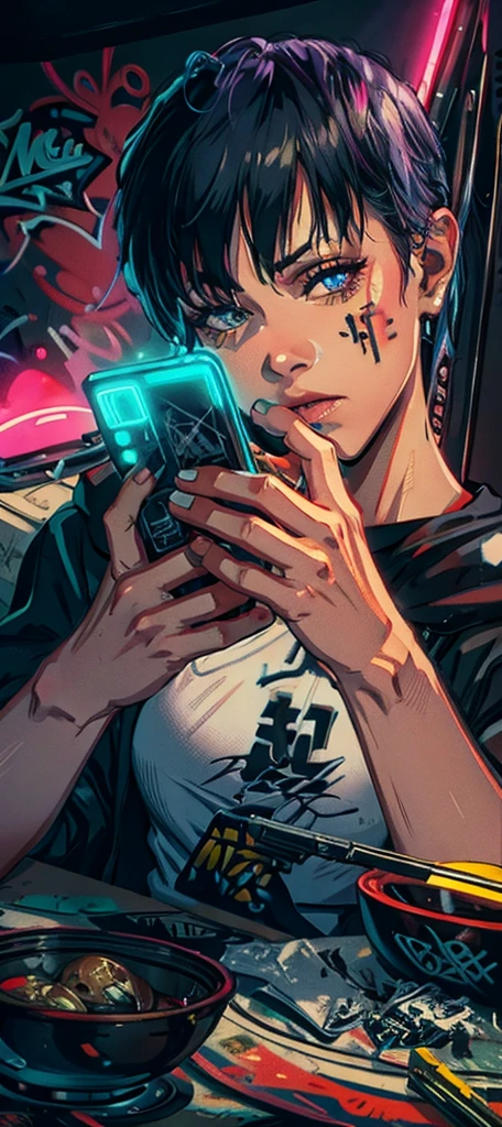 HD, (Best details) (best quality), Ms. Alfie wearing sunglasses sitting on sofa chair, (((Graffiti Art))), (((Trigger Studio Style, Graffiti Art, Rock Punk, Neon Colors))), Kahn Griffiths
