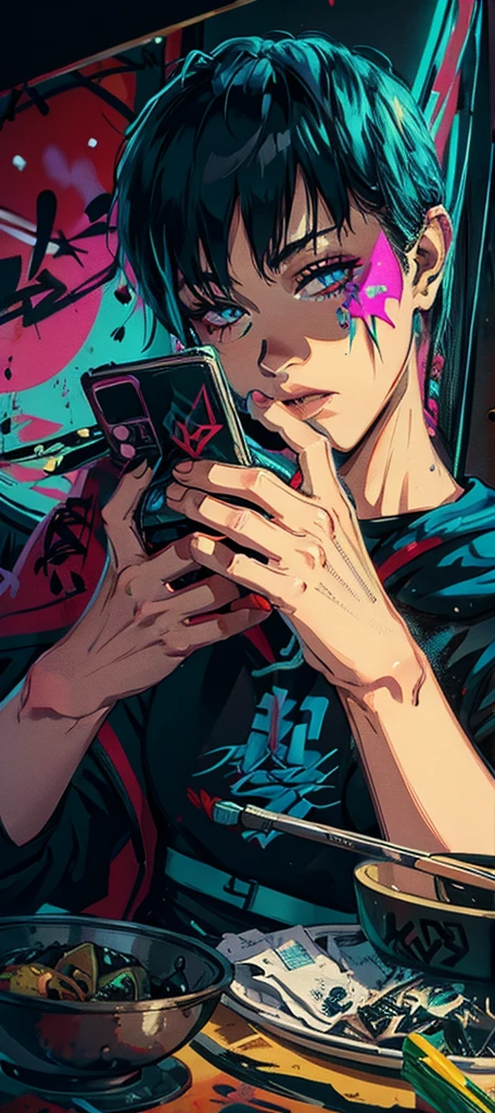 HD, (Best details) (best quality), Ms. Alfie wearing sunglasses sitting on sofa chair, (((Graffiti Art))), (((Trigger Studio Style, Graffiti Art, Rock Punk, Neon Colors))), Kahn Griffiths