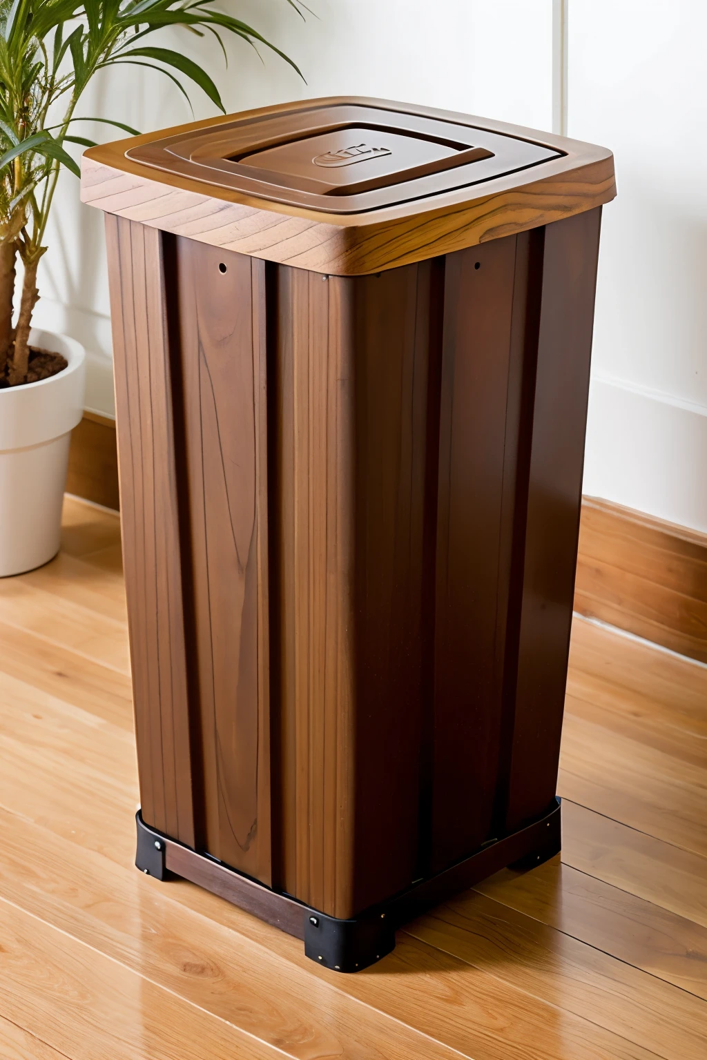 Eye-catching logo of a beautiful square wooden trash can with engineering style