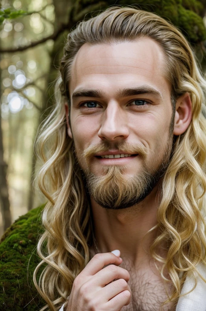 (man)with fresh eyes of dawn, with thin fingers thin lips with smile, small white teeth, a broad forehead with falling curls, with a band-aid body, blow your nose, heavy eyebrows, large ears that end in pointed chin with blonde beard that looks like moss and pale skin