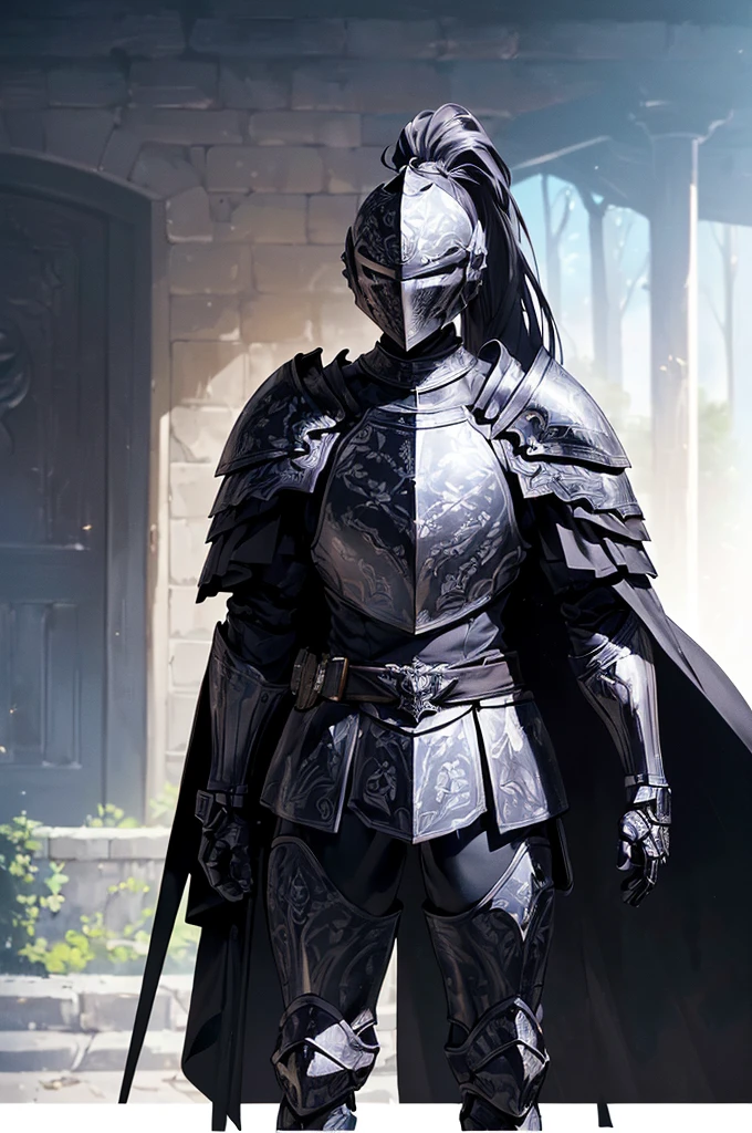 (masterpiece; best quality: 1.2), ((full armored knight man)), ((solo)), (black eyes: 1.4), (body; toned, lean, masculine: 1.3), (beautiful and clear background: 1.2), ((depth of field)), (equipment: full plate all-dark black-damascus realistic armor + closed helmet with ponytail + black cape: 1.3), (anime illustration: 1.2), (background composition; garden exterior + furniture: 1.1), (extremely fine and handsome: 1.1), (shot composition; standing + centered on torso + close-up: 1.5)