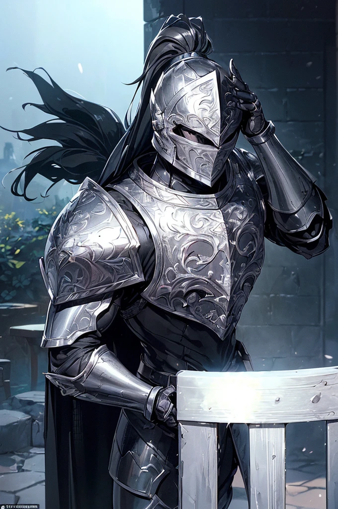(masterpiece; best quality: 1.2), ((full armored knight man)), ((solo)), (black eyes: 1.4), (body; toned, lean, masculine: 1.3), (beautiful and clear background: 1.2), ((depth of field)), (equipment: full plate all-dark black-damascus realistic armor + closed helmet with ponytail + black cape: 1.3), (anime illustration: 1.2), (background composition; garden exterior + furniture: 1.1), (extremely fine and handsome: 1.1), (shot composition; standing + centered on torso + close-up: 1.5)