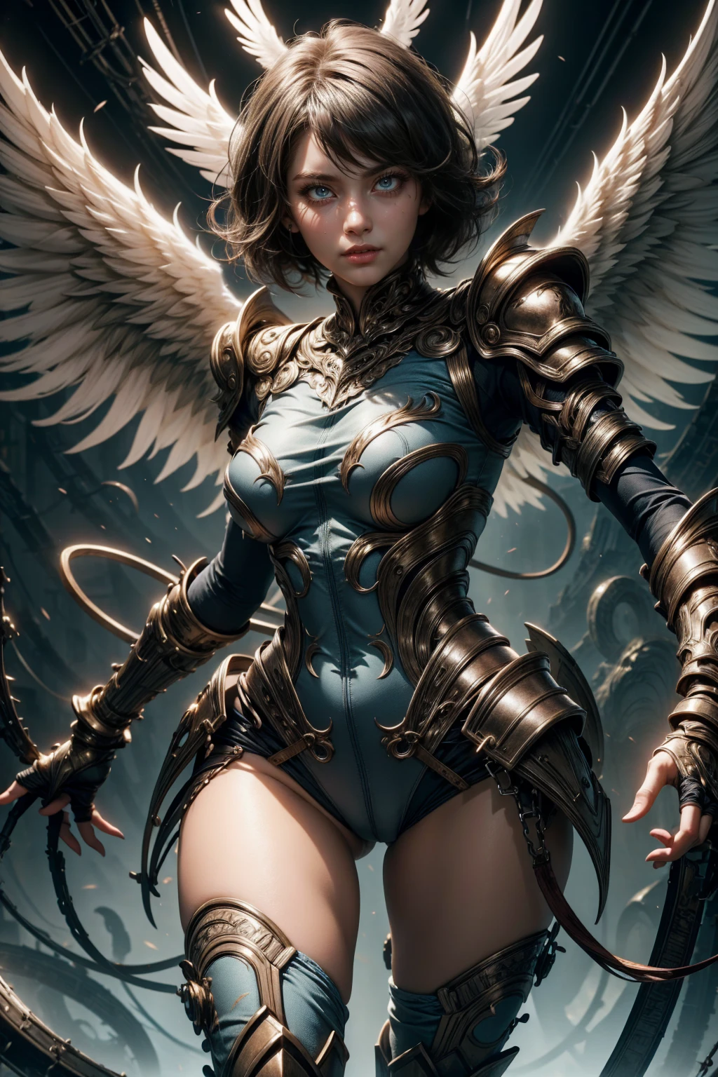 angelic woman, blue color, bluish armor, standing sexy with glasses, tomboy short hair, and white wings, movement pose, fully body, hands on breasts
