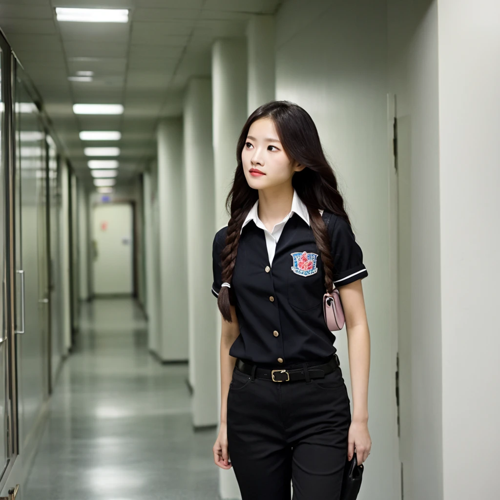 Asian woman with pale skin, blushing, wearing a uniform shirt and black pants, Standing in hallway, braided black hair, skinny.