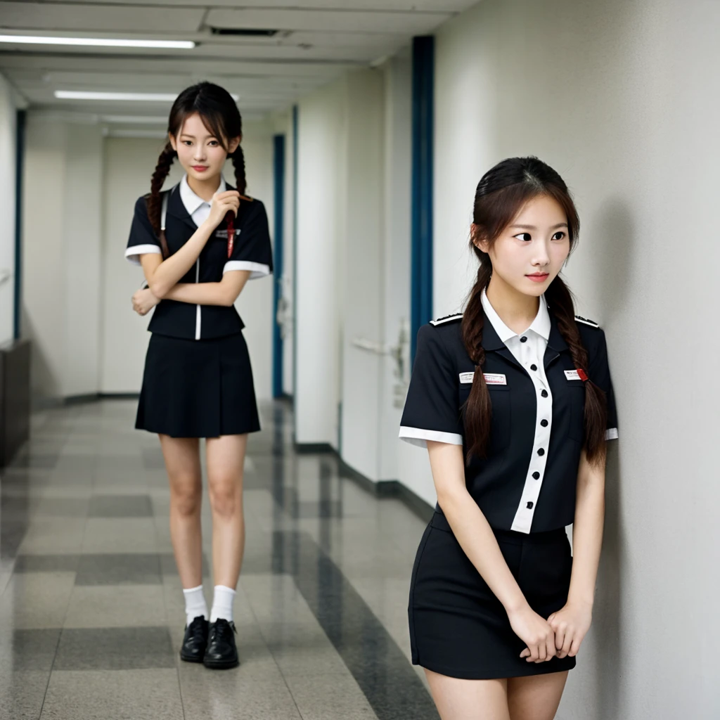 Asian woman with pale skin, blushing, wearing a uniform shirt and black pants, Standing in hallway, braided black hair, skinny.
