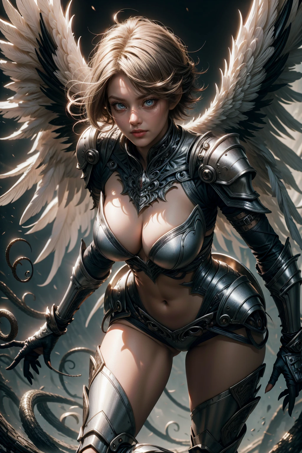 angelic woman, blue color, bluish armor, standing sexy with glasses, tomboy short hair, and white wings, movement pose, fully body, hands on breasts