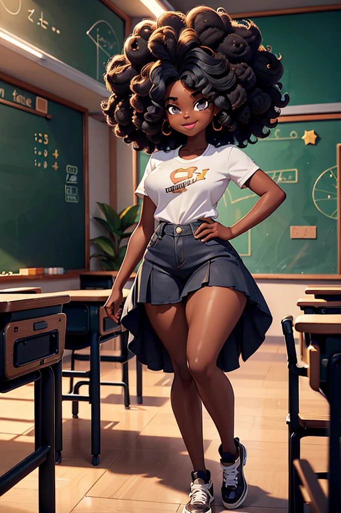 HD, dark skinned, young girl, age 8, humanoid, honey, black afro hair, (((afro hair))), Jackie Parris, ((((Jackie Parris)))), full body cgsociety, 3 d character art, full character body, detailed full body concept, stylized character, erotica, ((young girl, 1girl, age 8)), ((complex detailed background, inside, school, classroom, bright lighting)), chubby, small, short, action pose, smiling, wearing 