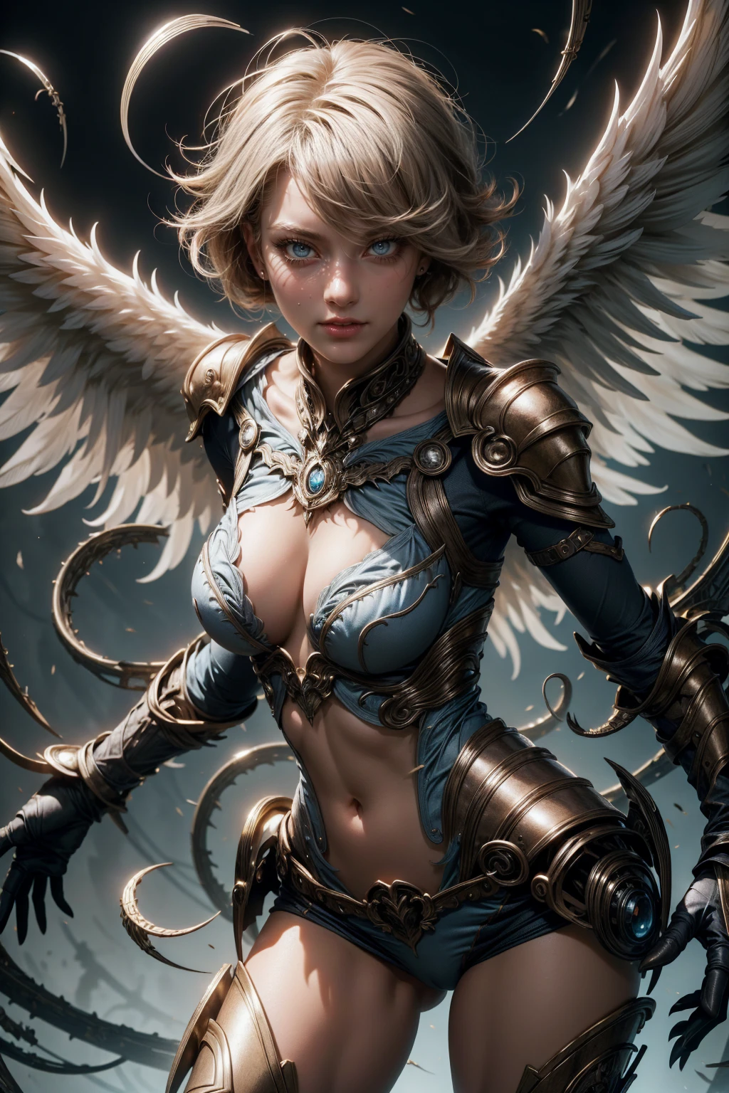 angelic woman, blue color, bluish armor, standing sexy with glasses, tomboy short hair, and white wings, movement pose, fully body, hands on breasts