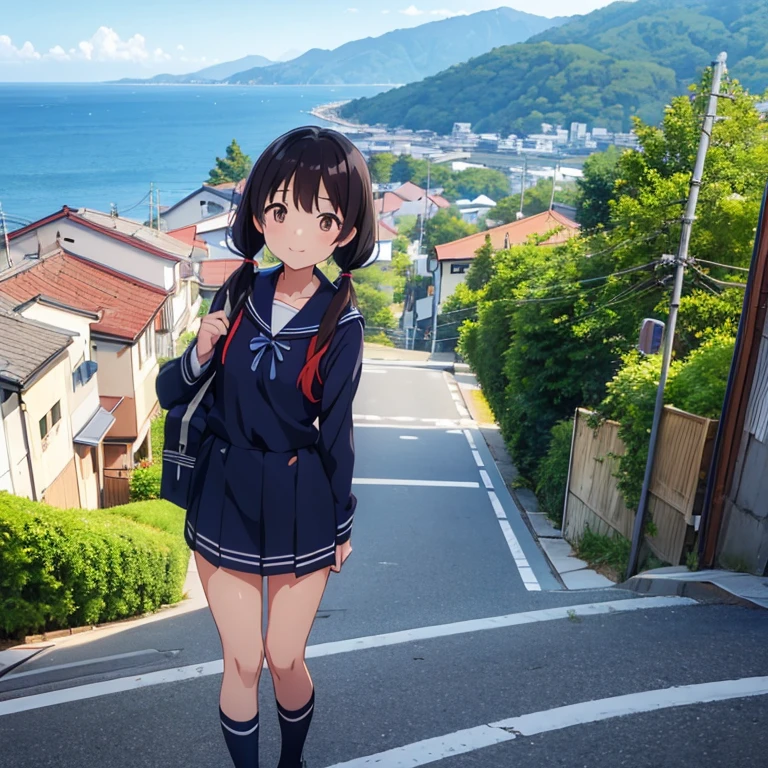 (best quality, ultra detailed, masterpiece:1.4), HD,
1girl, standing, gentle smile, yo,
(low twintails:1.4), low pigtails, black hair, long hair,
(navy blue sailor suit with blue ribbon:1.2), long sleeves, 
BREAK 
(dark brown eyes), (school bag on right shoulder), from front, from little above, alone, 
BREAK 
(sloped road, downhill, single street), Japan modern streets, prefectural road, residential area,
looking down the slope,
electric pole, electric cable, urban city,
cityscape, sea in the distance, nice view, afternoon, blue sky, orange sky, 
anime, high brightness,