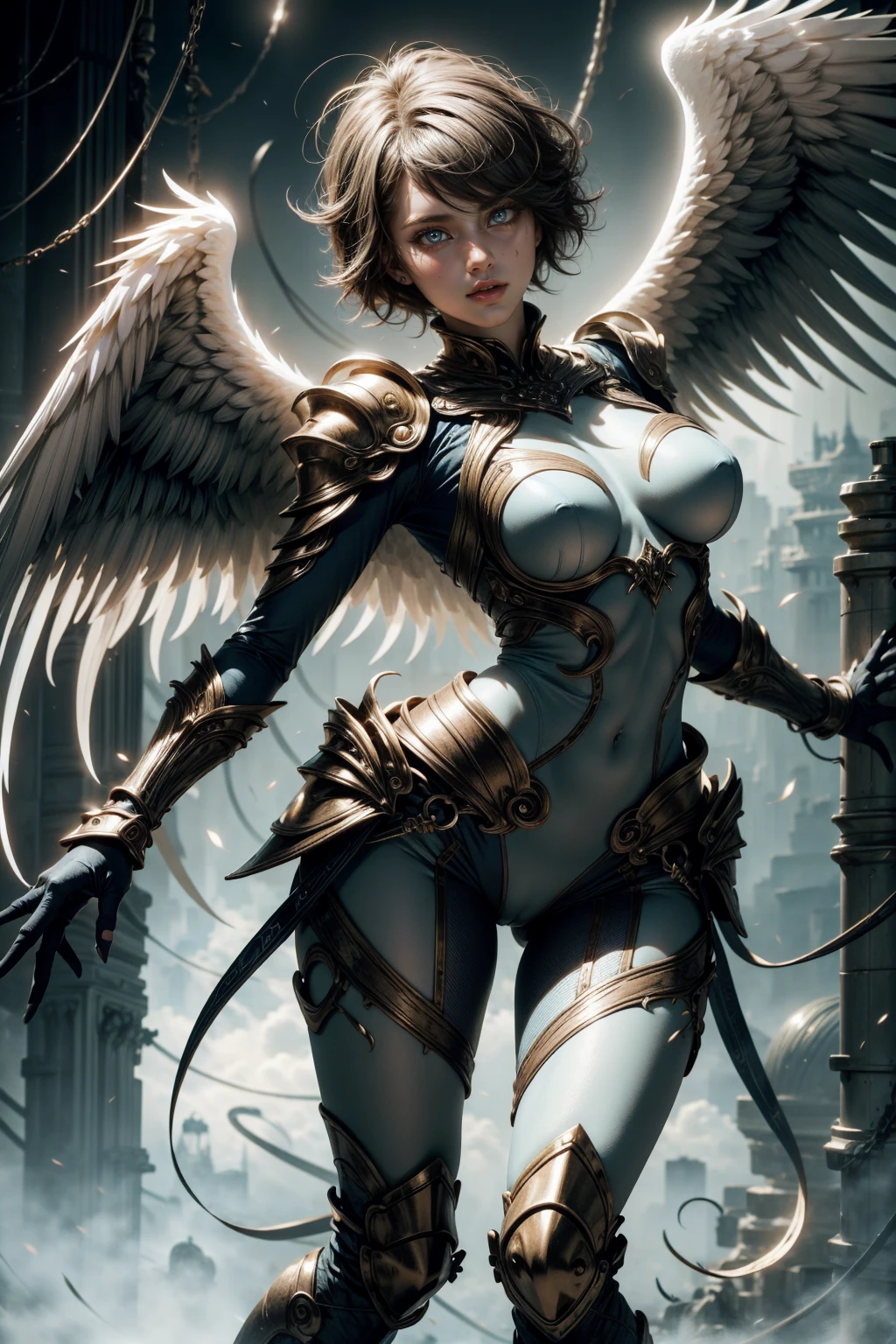 angelic woman, blue color, bluish armor, standing sexy with glasses, tomboy short hair, and white wings, movement pose, fully body, hands on breasts

