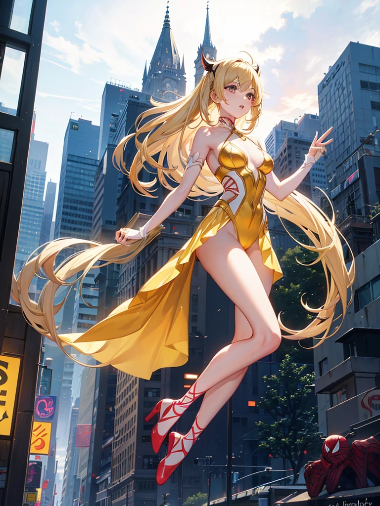 chica anime con traje de spiderman inspired en una bailarina de ballet (inspired, but igyak still maintains the spiderwoman essence) The girl is blonde and the shot is full body. The girl is saving the city and she is voluptuous and very beautiful