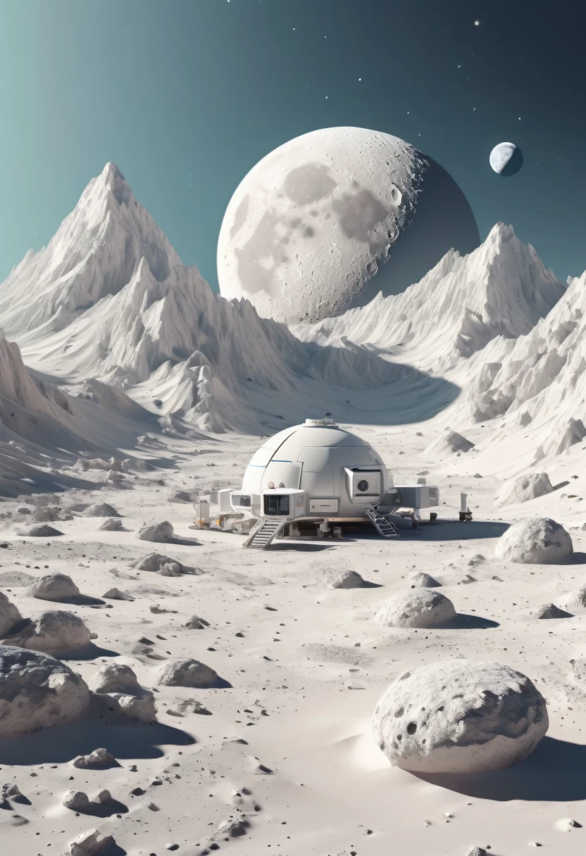 Beautiful award winning 2058s simple flat 3D art editorial infographics of a moon base, pale colors, perfect focus, neutral white background, epic angle, epic composition, hyper maximalist