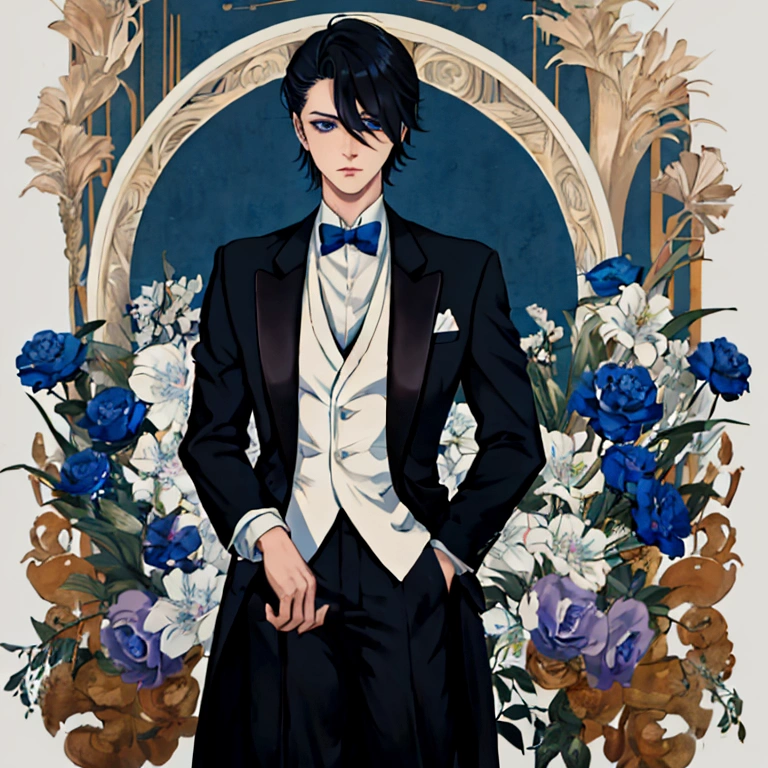 Blue Eyes、Hitman、Animated image of a man in a tuxedo standing on the street, A delicate androgynous prince, Inspired by Hisui Sugiura, Beautiful androgynous prince, inspired by Okumura Togyu, Inspired by Hiro Yamagata, inspired by Okumura Masanobu, inspired by Munakata Shikō, Inspired by Tessai Tomioka