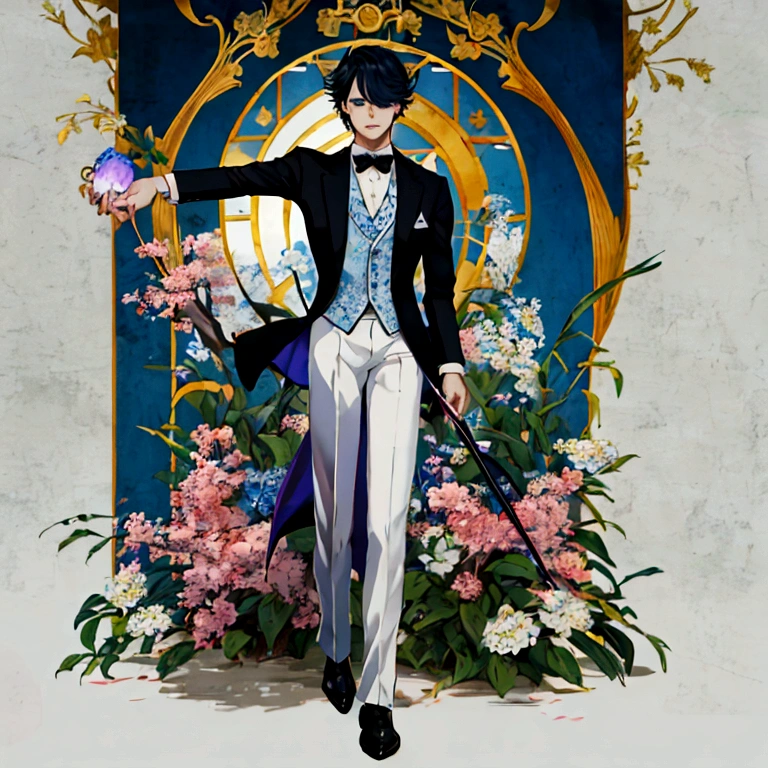 Blue Eyes、Hitman、Animated image of a man in a tuxedo standing on the street, A delicate androgynous prince, Inspired by Hisui Sugiura, Beautiful androgynous prince, inspired by Okumura Togyu, Inspired by Hiro Yamagata, inspired by Okumura Masanobu, inspired by Munakata Shikō, Inspired by Tessai Tomioka