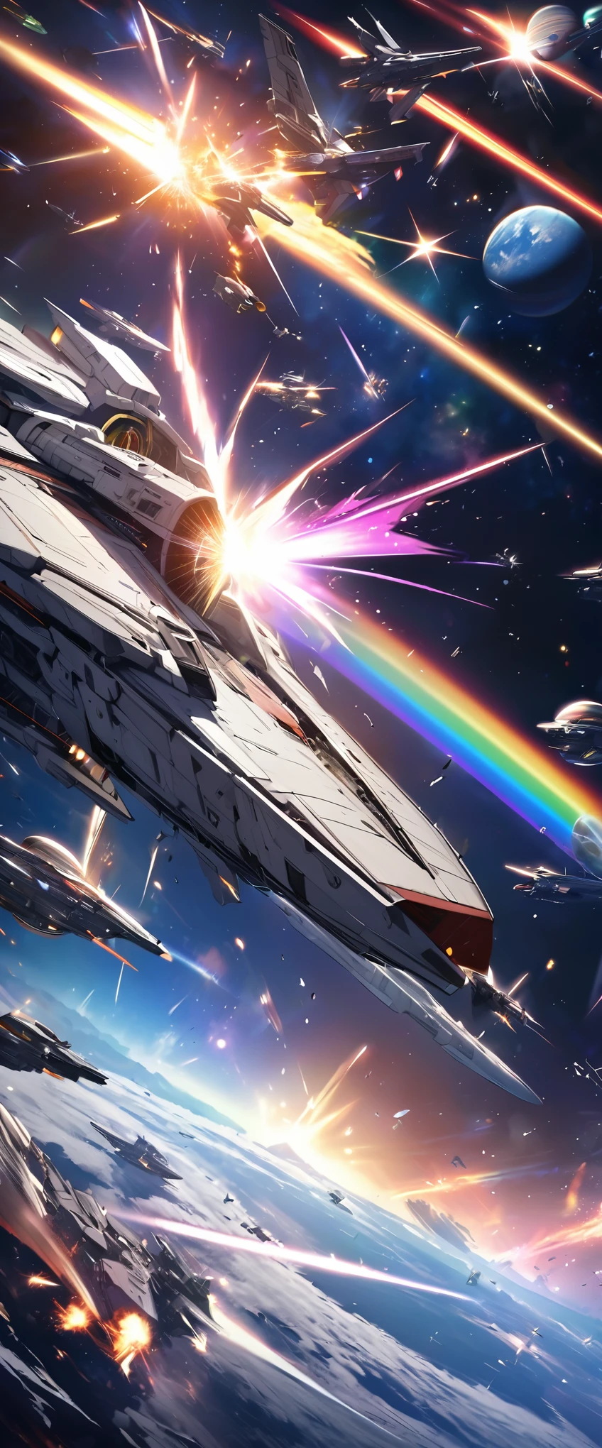 best quality, super fine, 16k, RAW photo, 2.5D, delicate and dynamic depiction, space war, spaceship fighter, aircraft colliding and breaking in two, light of the laser cannon, sparks, flames, galaxy, planet, magnificent view, background (many battle spaceship fighter mothership battle scene, rainbow-color lights)