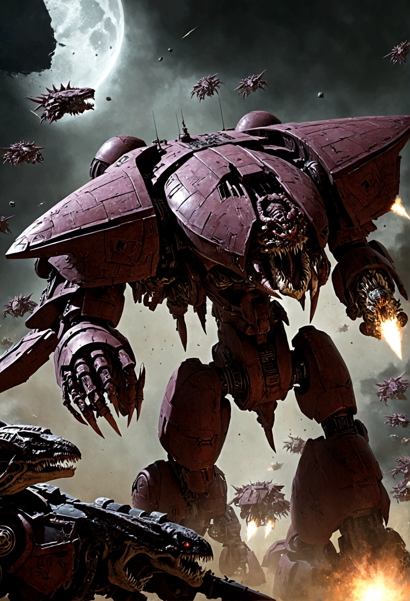 Warhammer 40k, a fleet of gothic Imperial space warships battle Tyranid bio ships in an epic space battle above a lush world
