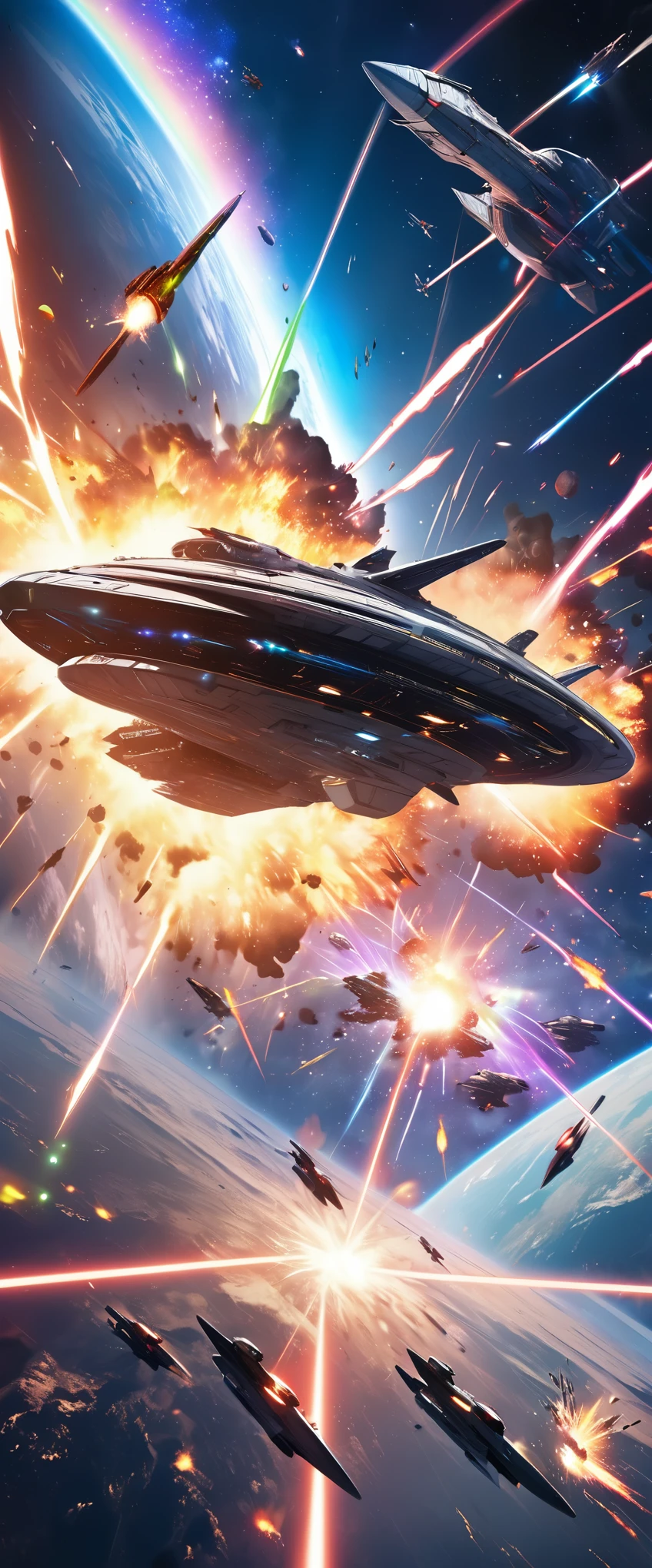 powerful scene images, best quality, super fine, 16k, RAW photo, 2.5D, delicate and dynamic depiction, space war, spaceship fighter, aircraft colliding and breaking in two, light of the laser cannon, sparks, flames, galaxy, planet, magnificent view, background (many battle spaceship fighter mothership battle scene, rainbow-color lights)
