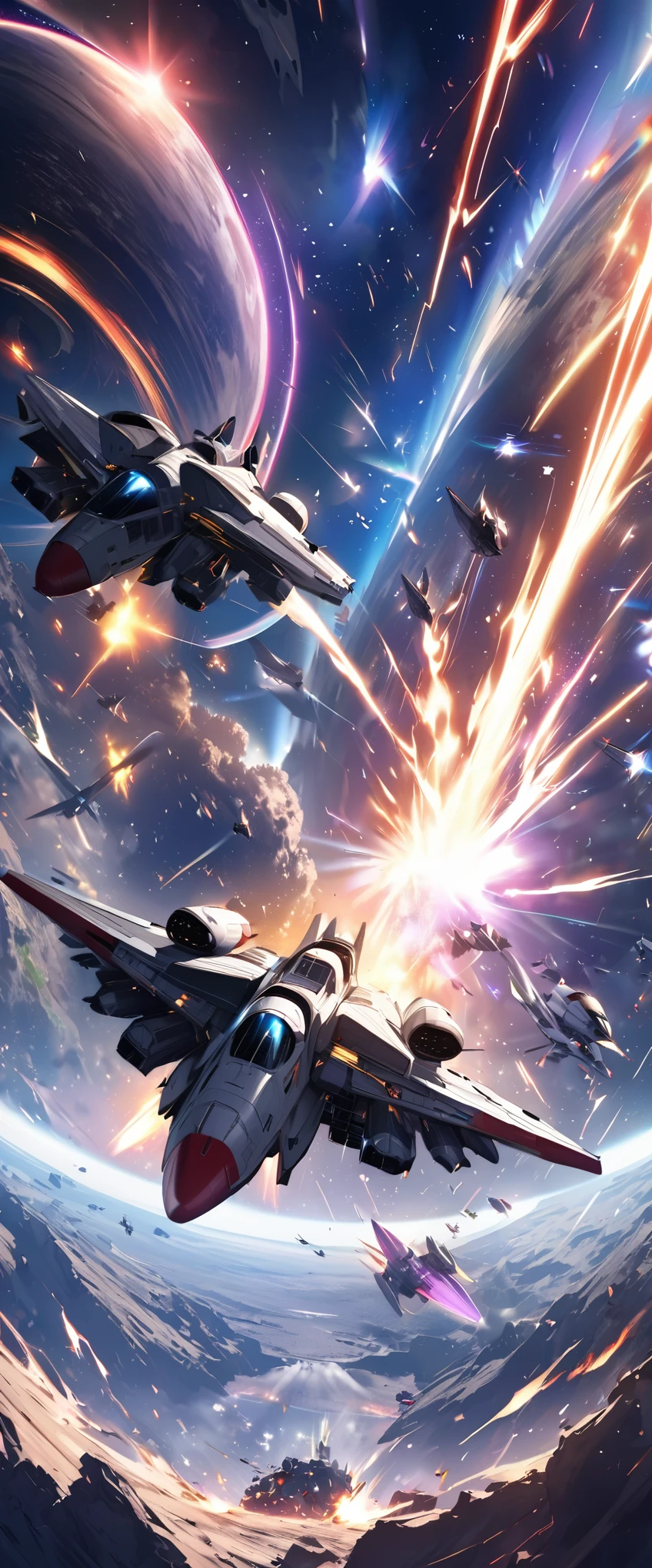 powerful scene images, best quality, super fine, 16k, RAW photo, 2.5D, delicate and dynamic depiction, space war, spaceship fighter, aircraft colliding and breaking in two, light of the laser cannon, sparks, flames, galaxy, planet, magnificent view, background (many battle spaceship fighter mothership battle scene, rainbow-color lights)