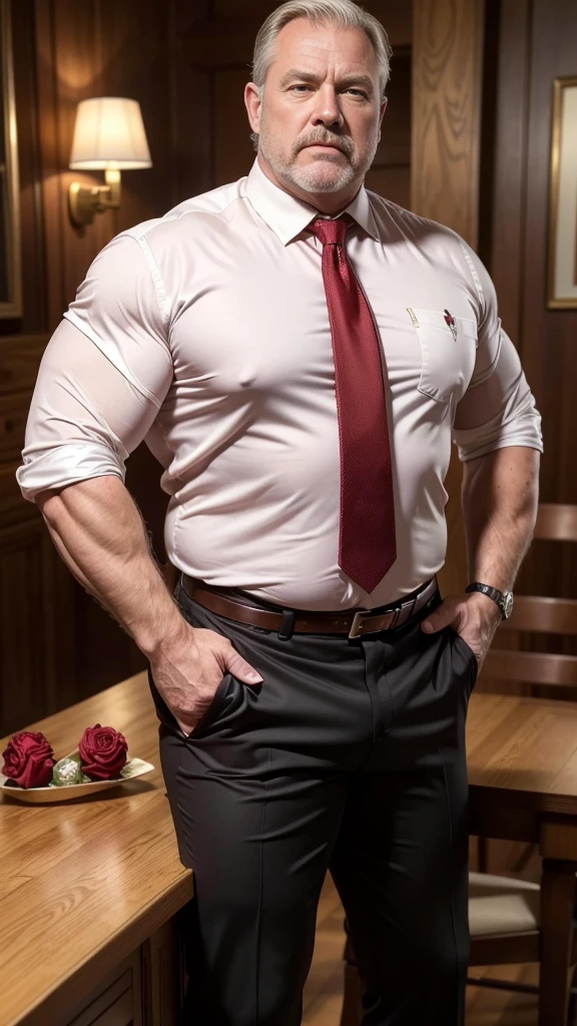 (best quality,4k,8k,highres,masterpiece:1.2), age 60, white man sheriff , horny disgusting, muscular chubby, kind, opened red silk shirt, mature daddy, Dress Pants with big bulge, hairy chest hard nipple, belt, loafer,