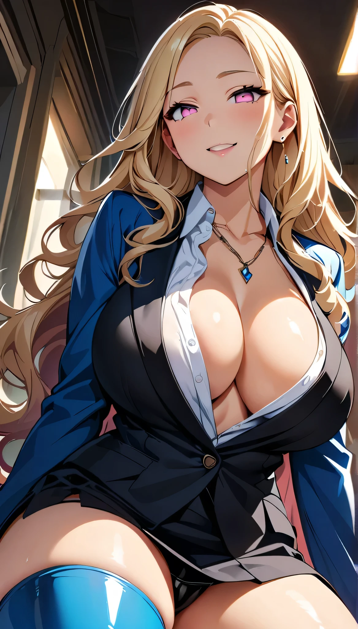 (highest quality:1.2,evil lady,cg, Very detailed, High Detail, digital coloring, High Contrast, masterpiece:1.2,suits, highest quality, Best aesthetics), 8k,masterpiece, cute,tall,beautiful,best quality, 1lady,blonde hair,long hair,wavy hair,empty eyes, (finely detailed glowing eyes and detailed face),,,,extremely detailed cg unity 8k wallpaper,solo,(latex military costume:0.9),large breasts,seductive smile,,latex thighhigh,large breasts,black hair,pink eyes,no jacket,formal shirts,thighhigh,,enamel suits,grossy lips,sitting,tight skirt,sadistic smile,,heel,shiny skin,tight  skirt,detailed face,beautiful body,,adult,,show me breasts,sadistic,seductive smile,business suits,latex,no tie,bust shot,open mouth,necklace,office room,from below,burikko  pose