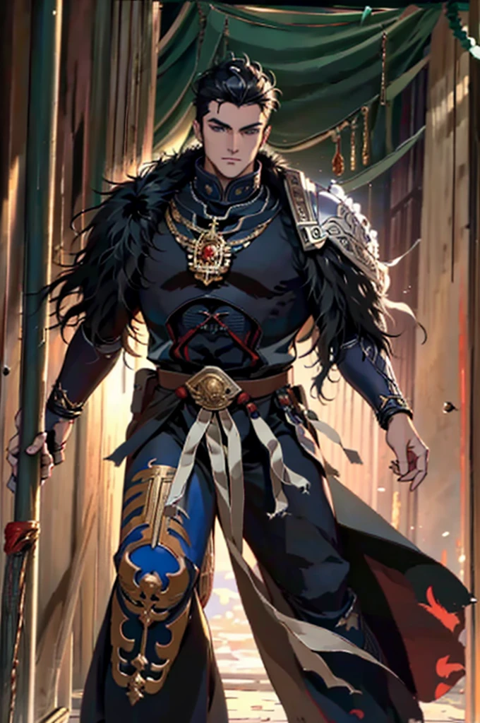 Masterpiece, Highest quality, realistic, A quiet and charming young man, 30 years old, smile, gag, Portrait ,Black Knight Armor , black fur shawl(Masterpiece,best quality,special, (Broad shoulders)) (muscle), black hair, short hair, blue eyes , ภาพระยะใกล้ของบุคคลในเสื้อคลุมสีดำและblack hair, Whole Xianxia, beautiful male angel of death, Vampire Fashion, Wearing a noble black suit, Detailed anime character art, Male vampire of the Banu tribe, Hakim., Long black robe and full black body., ด้วยshort hairสีดำของเขา, curly hair, Details of the face of a 30 year old man, อะนิเมะที่สมจริงเป็นspecial, golden eyes no emotions, intj, wise, gold, golden, รอยsmile, smile