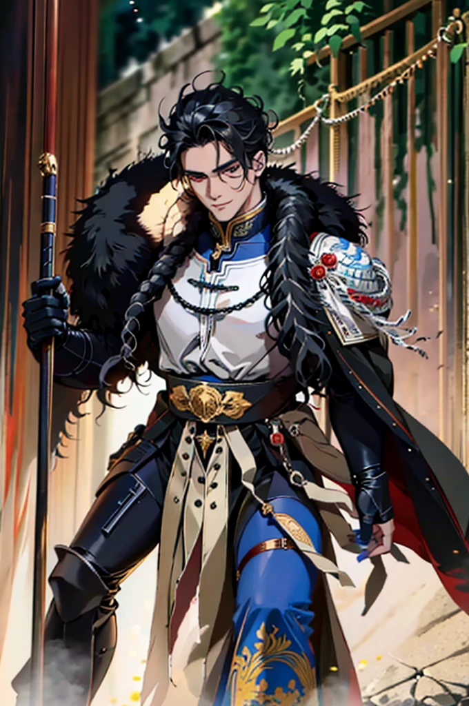 Masterpiece, Highest quality, realistic, A quiet and charming young man, 30 years old, smile, gag, Portrait ,Black Knight Armor , black fur shawl(Masterpiece,best quality,special, (Broad shoulders)) (muscle), black hair, short hair, blue eyes , ภาพระยะใกล้ของบุคคลในเสื้อคลุมสีดำและblack hair, Whole Xianxia, beautiful male angel of death, Vampire Fashion, Wearing a noble black suit, Detailed anime character art, Male vampire of the Banu tribe, Hakim., Long black robe and full black body., ด้วยshort hairสีดำของเขา, curly hair, Details of the face of a 30 year old man, อะนิเมะที่สมจริงเป็นspecial, golden eyes no emotions, intj, wise, gold, golden, รอยsmile, smile