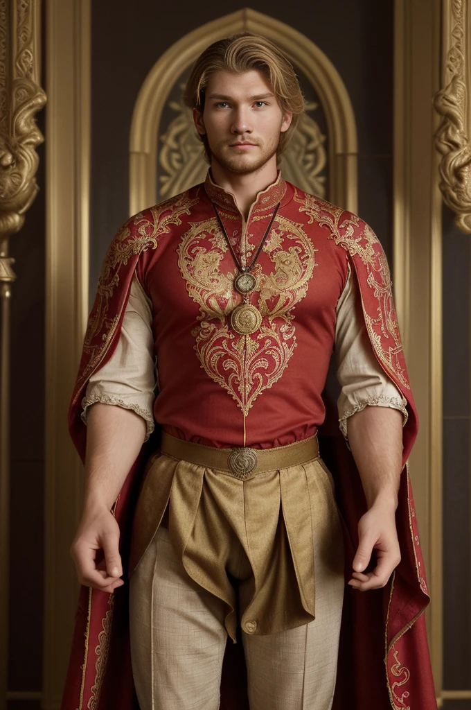 A Man 30 years old, full body, wearing an outfit in classic medieval style, He is wearing a red tunic made of thick cotton fabric, the tunic has elaborate details, with sleeves, the high, ornate collar of detailed fabric, the pants are cotton, patterned sewing to the body in black, he is wearing a thick, heavy golden necklace with a large, elaborate medal hanging from the center, in the shape of a lion, The man has light blonde hair going, large in length, combed back, he has a small beard as if it was growing after trimming, which gives it an air of nobility and elegance, your face looks like Alex Pettyfer and serious, with an expression of contemplation or authority, he is standing, in a full body image, with an erect and dignified posture, conveying confidence and presence, The background is a luxurious environment