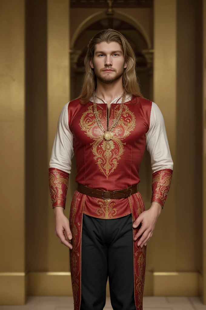 A Man 30 years old, full body, wearing an outfit in classic medieval style, He is wearing a red tunic made of thick cotton fabric, the tunic has elaborate details, with sleeves, the high, ornate collar of detailed fabric, the pants are cotton, patterned sewing to the body in black, he is wearing a thick, heavy golden necklace with a large, elaborate medal hanging from the center, in the shape of a lion, The man has light blonde hair going, large in length, combed back, he has a small beard as if it was growing after trimming, which gives it an air of nobility and elegance, your face looks like Alex Pettyfer and serious, with an expression of contemplation or authority, he is standing, in a full body image, with an erect and dignified posture, conveying confidence and presence, The background is a luxurious environment