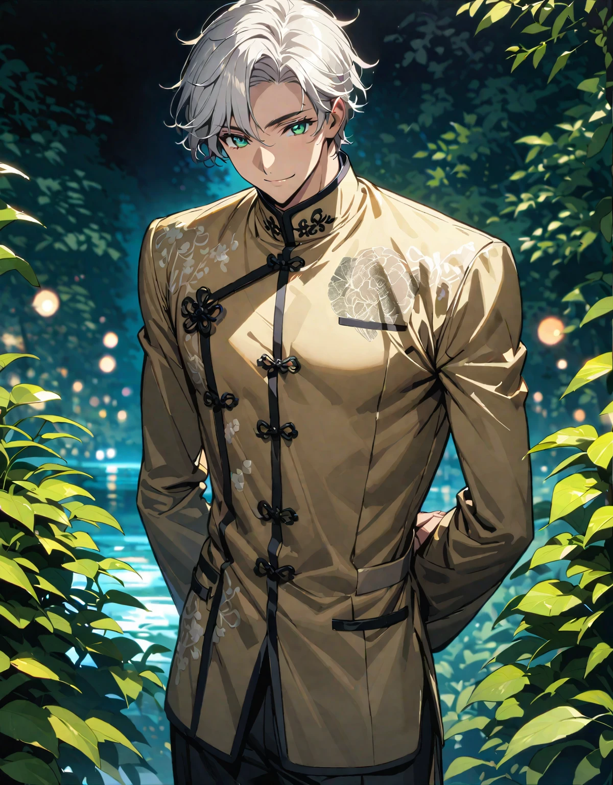 1 Male. Old-fashioned smile. flowerびら. __flower__. four seasons. Bokeh.
Nice body, beautiful 肌. oily 肌. Very delicate and beautiful. Very detailed. Clear Eyes. Clear presentation, HD detailed, Detailed Performance, Fine details, Clear Face, Correct it precisely, ((Long black hair))、Long white hair,good looking, expensive,A kind smile、Slightly muscular,(Transparent eyeball), (1 person: 1.3), Hand-drawn, Simple lines, (An 18-year-old man wearing a white Chinese suit), Night Forest、Upper body,Hands Behind Back