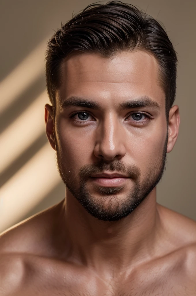 (8K、RAWE Photo、Highest quality、masterpiece:1.2)、(Real、Photorealistic:1.37)、Super detailed、Ultra-high resolution、1 male、(Feather Cut: 0.6)、Professional Lighting、The lighting is bright、Actor、model、Daytime、bright , simple background ,Simple Background、Slender、beard、front、Face close-up、front Face、