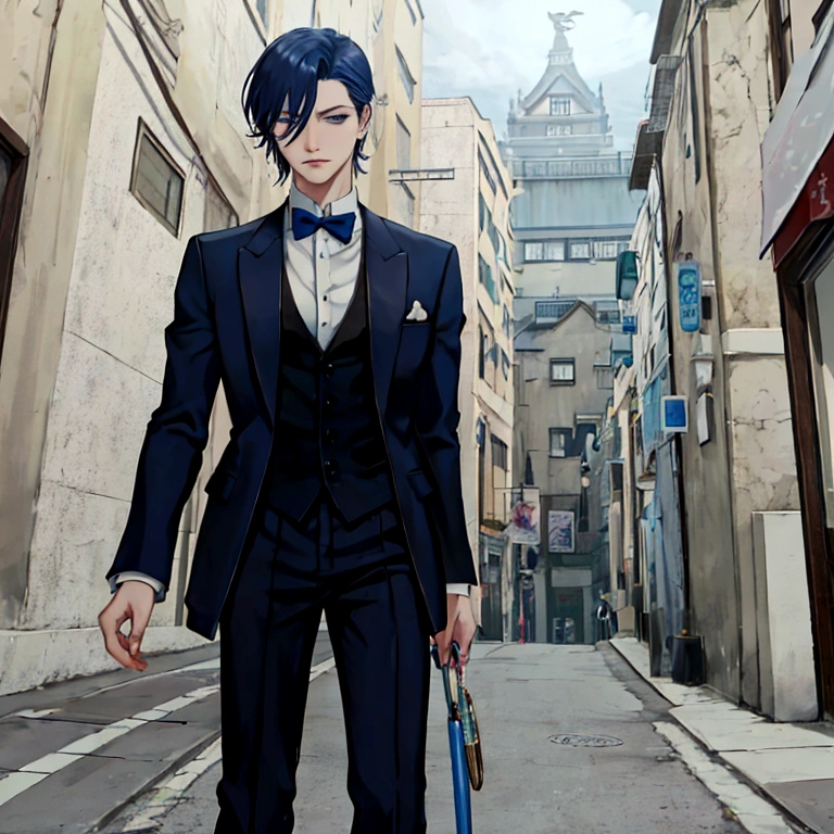 Blue Eyes、Hitman、Animated image of a man in a tuxedo standing on the street, A delicate androgynous prince, Inspired by Hisui Sugiura, Beautiful androgynous prince, inspired by Okumura Togyu, Inspired by Hiro Yamagata, inspired by Okumura Masanobu, inspired by Munakata Shikō, Inspired by Tessai Tomioka