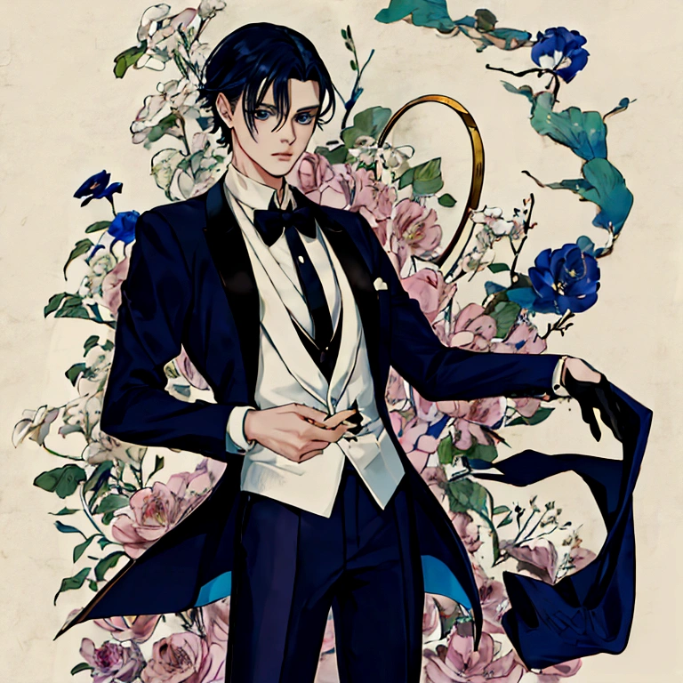 Blue Eyes、Hitman、Animated image of a man in a tuxedo standing on the street, A delicate androgynous prince, Inspired by Hisui Sugiura, Beautiful androgynous prince, inspired by Okumura Togyu, Inspired by Hiro Yamagata, inspired by Okumura Masanobu, inspired by Munakata Shikō, Inspired by Tessai Tomioka